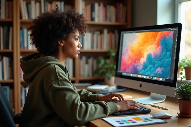 Jeune femme créative utilisant un logiciel de conception graphique gratuit sur son ordinateur dans un studio maison chaleureux