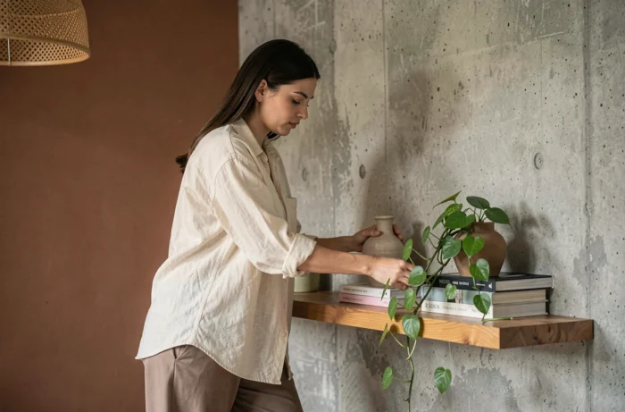 Femme arrangeant des objets décoratifs sur une étagère en bois dans un intérieur contemporain avec mur en béton et accent terracotta
