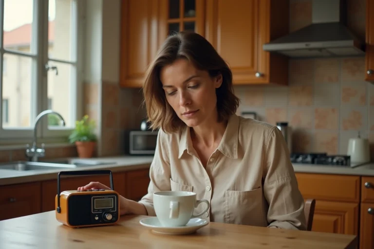 Femme écoutant une radio sur la santé publique dans sa cuisine, illustration de l'information radiophonique en France