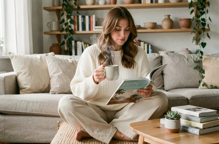 Femme détendue lisant un magazine de style de vie dans un intérieur scandinave cosy