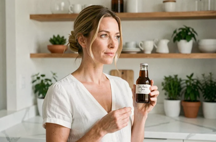Femme tenant une bouteille de jus de Noni bio dans une cuisine moderne pour une cure minceur