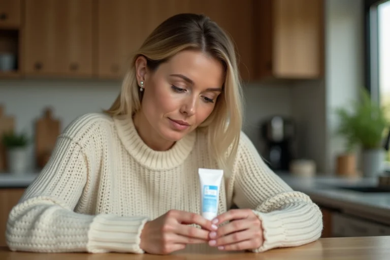 Femme lisant attentivement l'étiquette d'une crème anti-inflammatoire sans ordonnance dans une cuisine chaleureuse