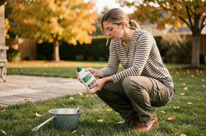 Femme lisant l'étiquette d'un désherbant sélectif avant de traiter sa pelouse en automne