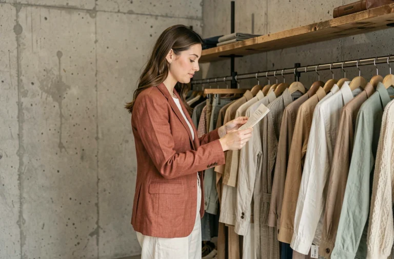 Femme en tenue éthique en lin parcourant des vêtements durables dans une boutique de mode responsable minimaliste
