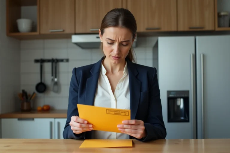 Femme ouvrant une lettre recommandée 2c envoyée par une banque dans sa cuisine moderne