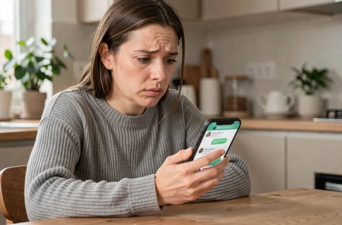 Femme perplexe regardant son téléphone après avoir remarqué la suppression d'un groupe WhatsApp