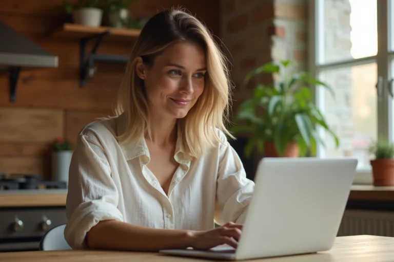 Femme consultant une plateforme de location en ligne sur son ordinateur portable dans une cuisine moderne