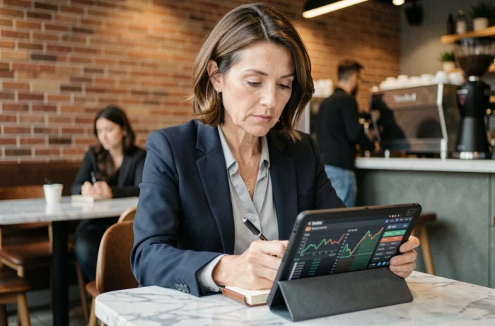 Femme consultant un portefeuille boursier sur tablette dans un café urbain moderne