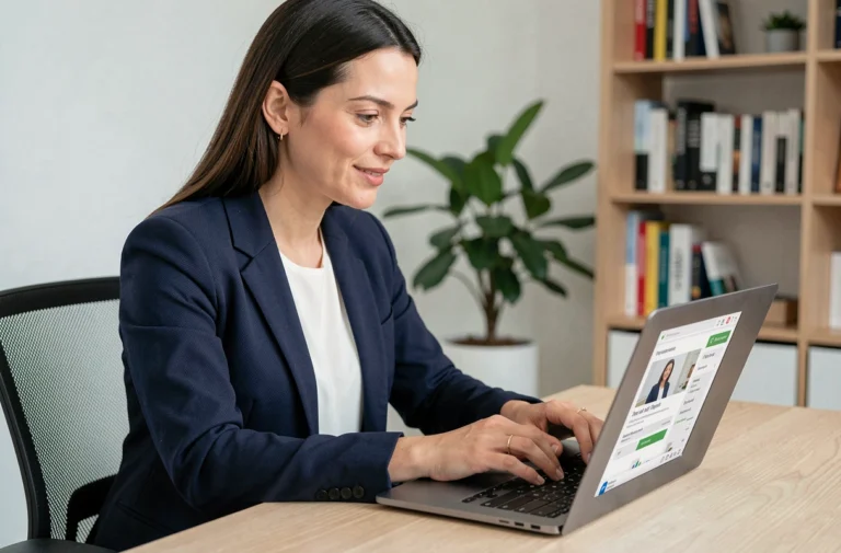 Femme professionnelle cherchant un emploi en ligne sur son ordinateur portable dans un bureau à domicile moderne