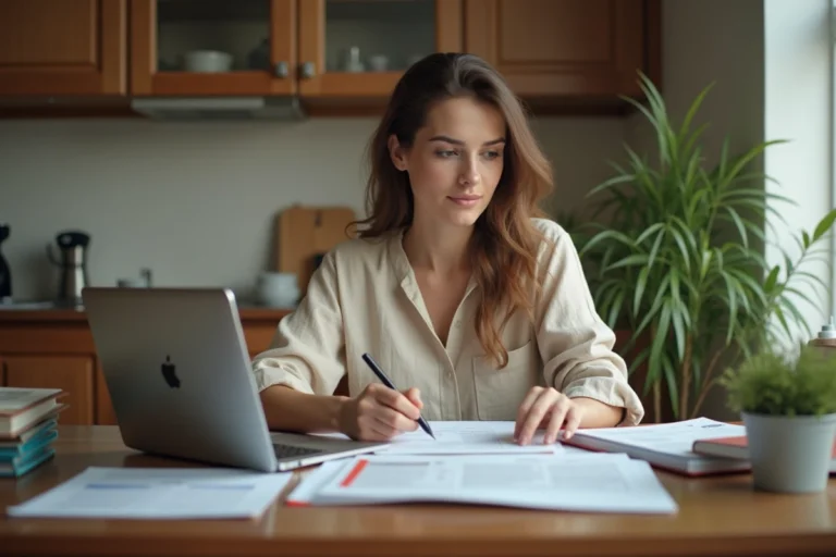 Femme consultant des annonces immobilières de location sur un ordinateur portable à une table en bois dans un appartement