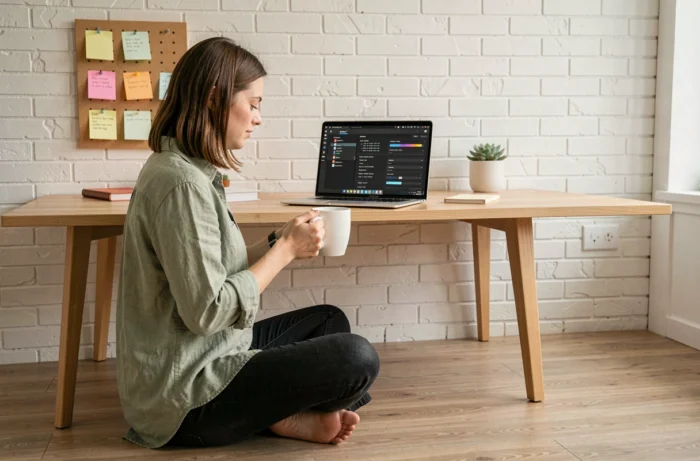 Femme utilisant un ordinateur portable pour optimiser les réglages et codes essentiels sur Kordoz depuis son bureau à domicile