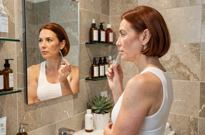 Femme d'âge mûr appliquant un sérum visage dans une salle de bain moderne, routine beauté et soin de la peau au naturel