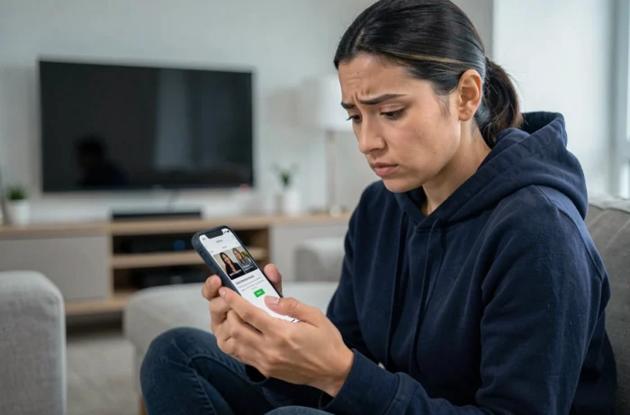 Femme regardant son smartphone avec une alerte de sécurité provenant d'une application de streaming non officielle