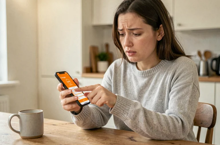 Femme consultant son smartphone pour obtenir le code PUK de sa carte SIM Orange dans une cuisine moderne