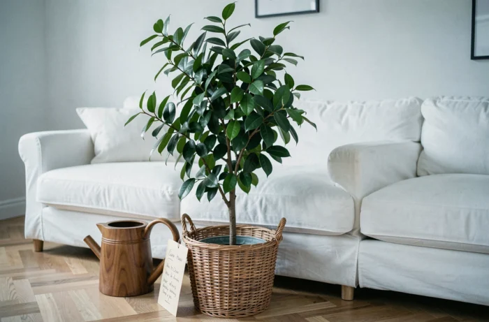 Ficus benjamina rempotté dans un panier en jonc de mer posé sur parquet chêne dans un salon scandinave lumineux