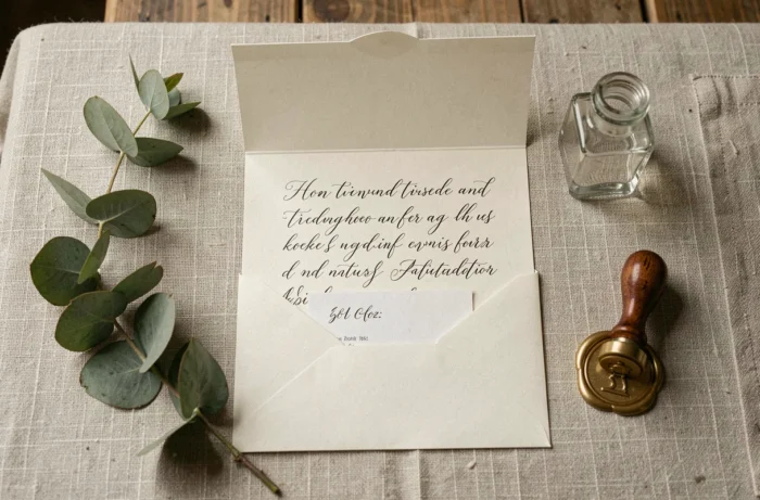 Flat-lay elegante de um cartão de casamento manuscrito com texto caligrafado e cheque presente sobre uma toalha de linho