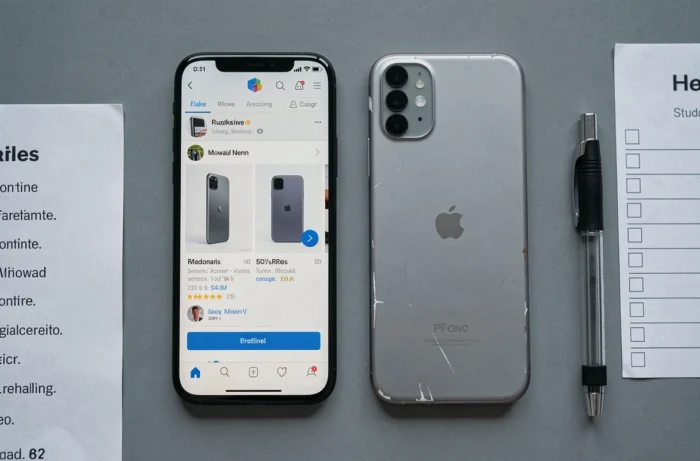 Vue aérienne de deux smartphones reconditionnés posés côte à côte avec une liste de vérification imprimée, illustrant la comparaison avant achat