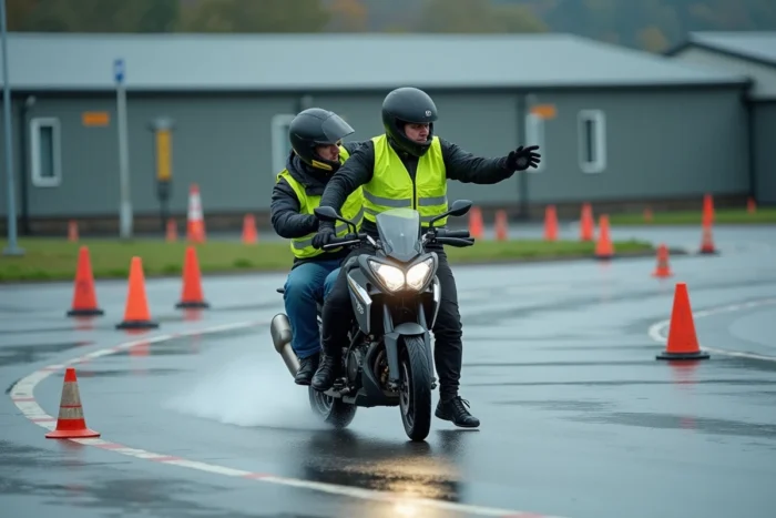 Instructeur de conduite moto guidant un élève sur un Honda X-ADV lors d'une formation pratique sur circuit fermé en France