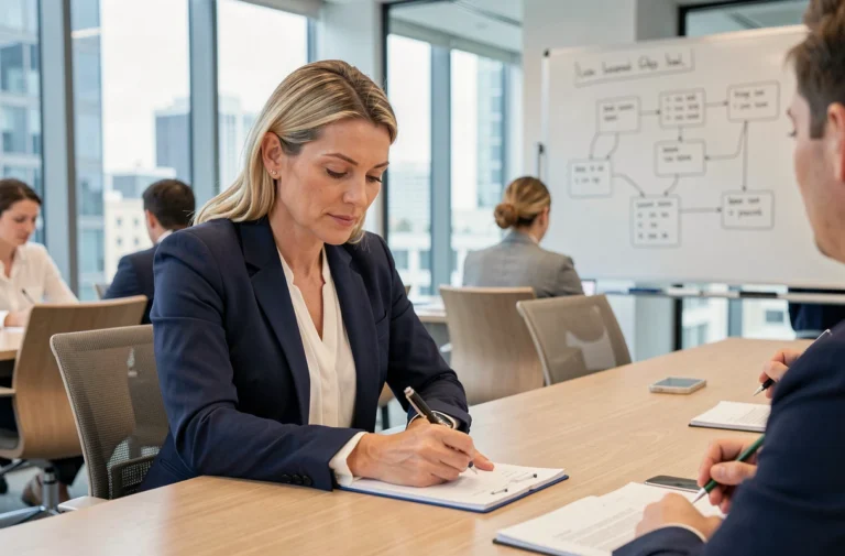 Femme professionnelle prenant des notes lors d'une session de formation en entreprise dans une salle de réunion moderne