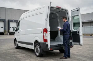 Fourgon L2H2 blanc avec portes arrière ouvertes sur un quai de chargement urbain, chauffeur-livreur inspectant l'espace cargo