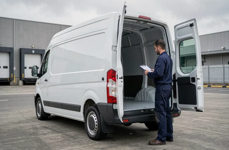 Fourgon L2H2 blanc avec portes arrière ouvertes sur un quai de chargement urbain, chauffeur-livreur inspectant l'espace cargo