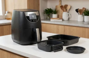 Friteuse électrique moderne avec panier amovible posée sur un plan de travail en cuisine, facile à démonter pour le nettoyage