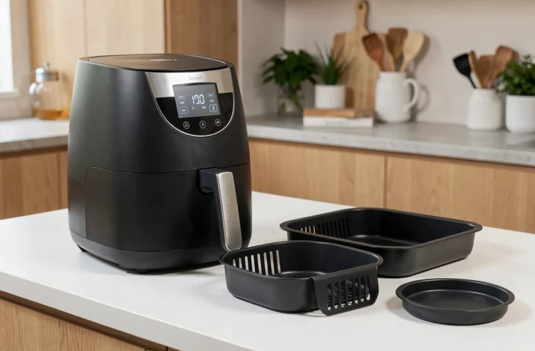 Friteuse électrique moderne avec panier amovible posée sur un plan de travail en cuisine, facile à démonter pour le nettoyage