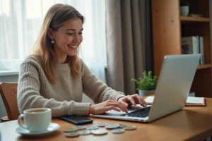 Une femme assise à un bureau à domicile souriant devant un ordinateur portable entouré de pièces en euros, d'un smartphone et d'un carnet de notes, illustrant les astuces pour gagner 100 euros rapidement en ligne ou chez soi