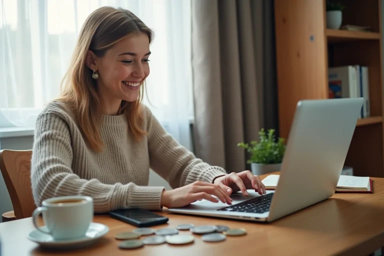 Une femme assise à un bureau à domicile souriant devant un ordinateur portable entouré de pièces en euros, d'un smartphone et d'un carnet de notes, illustrant les astuces pour gagner 100 euros rapidement en ligne ou chez soi