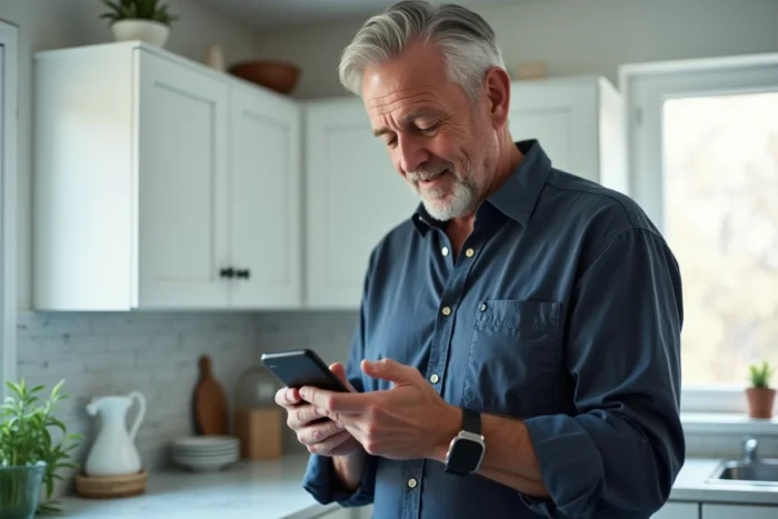 Homme gérant son compte Keldoc sur smartphone dans une cuisine moderne