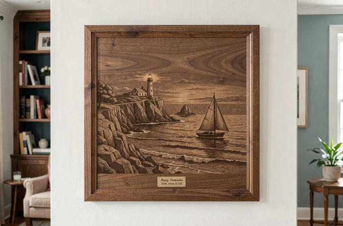 Gravure sur bois représentant un littoral avec phare et voilier, montée sur un mur de salon