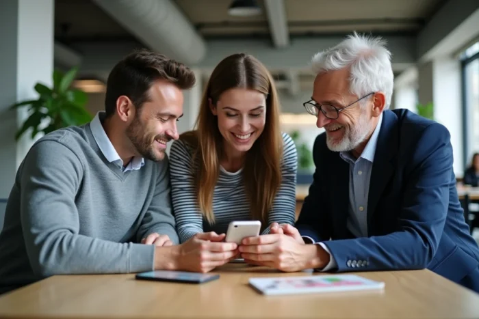 Groupe de collègues écoutant une radio santé en streaming sur smartphone dans un espace de travail moderne