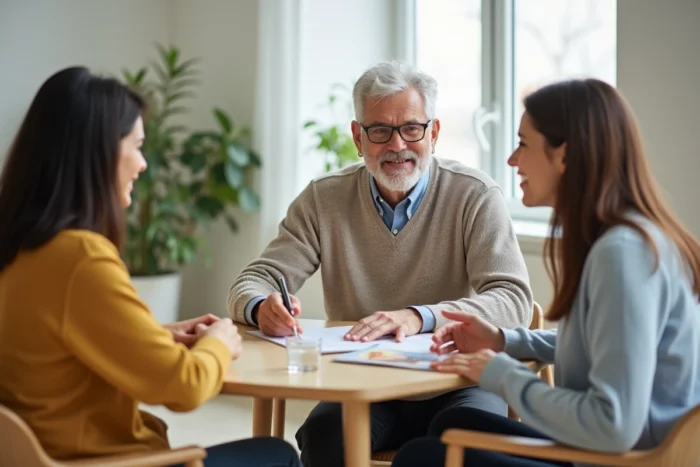 Groupe d'adultes discutant de conseils santé et prévention dans un centre de bien-être