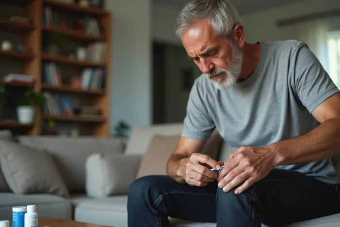Homme appliquant une pommade anti-inflammatoire sur le genou dans un salon domestique