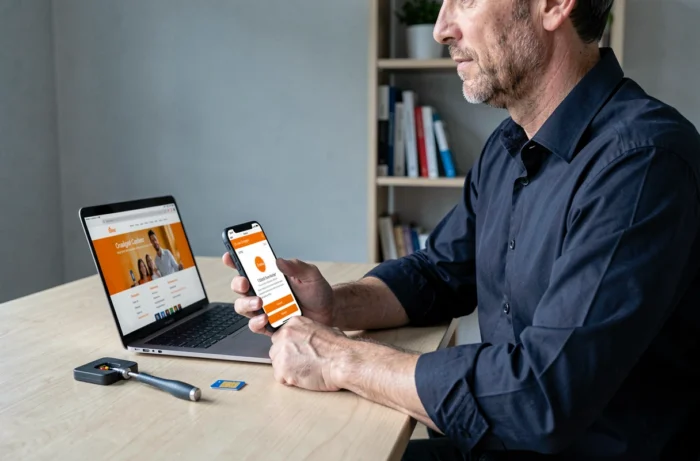 Uomo in ufficio a casa con scheda SIM espulsa e smartphone per recuperare il codice PUK Orange