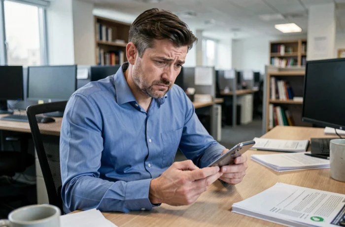 Homme au bureau consultant son téléphone pour comprendre la disparition d'un groupe WhatsApp