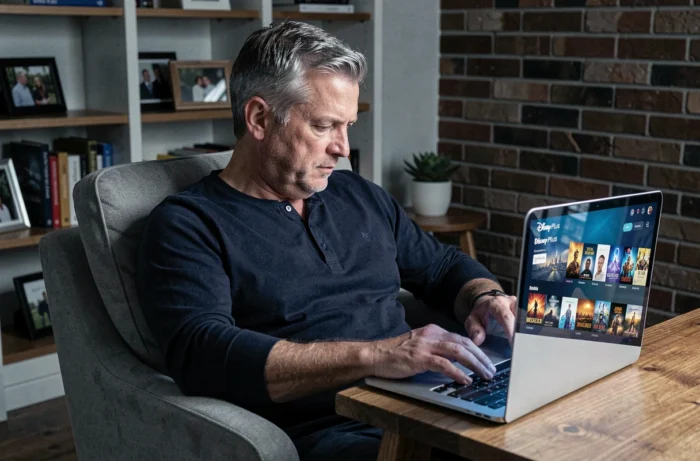 Homme consultant le catalogue Disney Plus sur un ordinateur portable dans un bureau à domicile