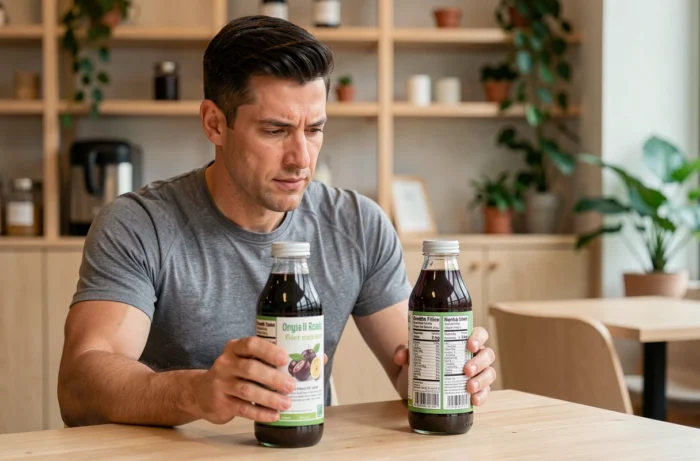 Homme comparant des bouteilles de jus de Noni bio dans un café wellness pour choisir sa cure minceur
