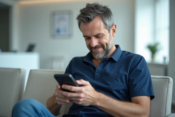 Homme consultant son compte Keldoc sur smartphone dans une salle d'attente médicale