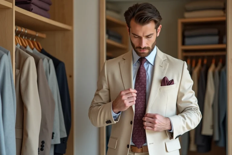 Homme en costume beige choisissant une cravate en soie bordeaux sur un porte-cravates en bois dans un dressing moderne