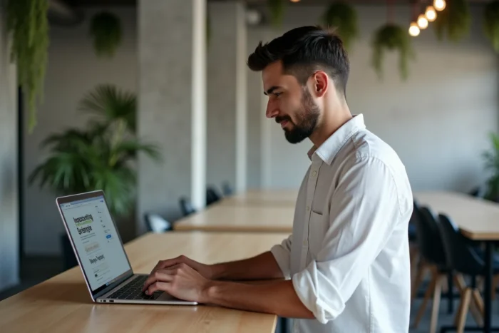 Homme utilisant un logiciel de design graphique gratuit sur laptop dans un espace de coworking moderne et minimaliste