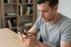 Homme inspectant attentivement un smartphone reconditionné posé dans ses mains à son bureau, évaluant l'état de l'appareil avant achat