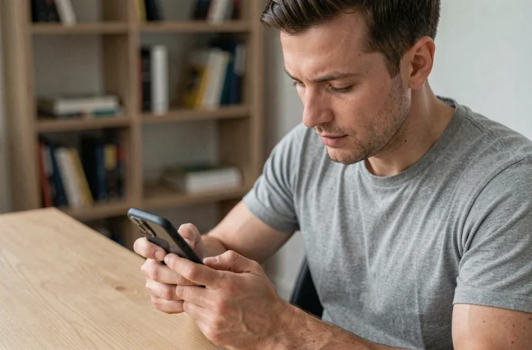 Homme inspectant attentivement un smartphone reconditionné posé dans ses mains à son bureau, évaluant l'état de l'appareil avant achat