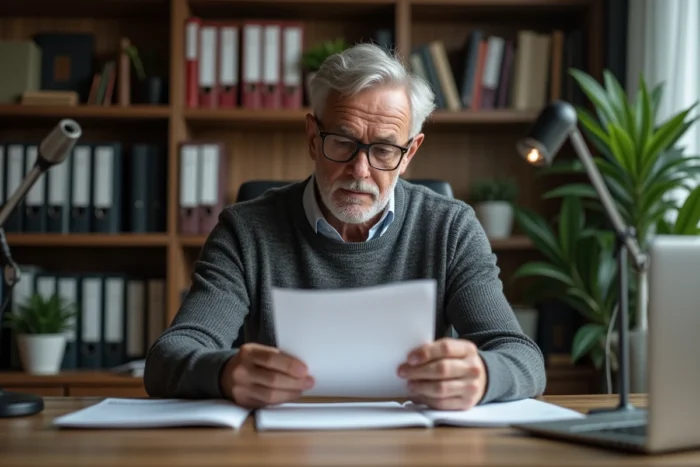 Homme d'âge mûr lisant attentivement une lettre officielle envoyée par sa banque à son bureau à domicile