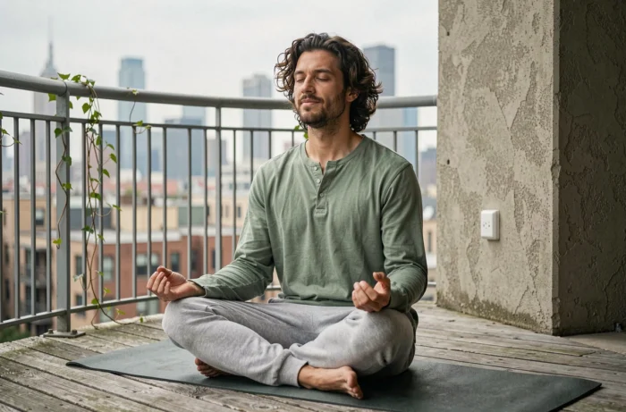 Jeune homme méditant sur un balcon urbain avec tapis de yoga, développement personnel et bien-être en ville