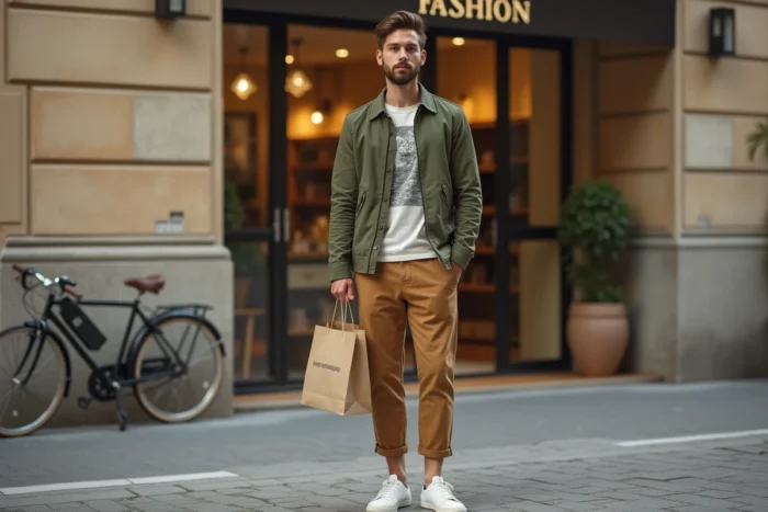 Homme stylé devant une boutique de mode éthique et durable en ville, alternative tendance à H&M et Zara