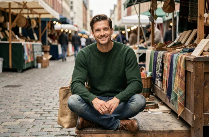 Homme en pull recyclé et jean upcyclé assis dans un marché éco-responsable tenant un sac en chanvre
