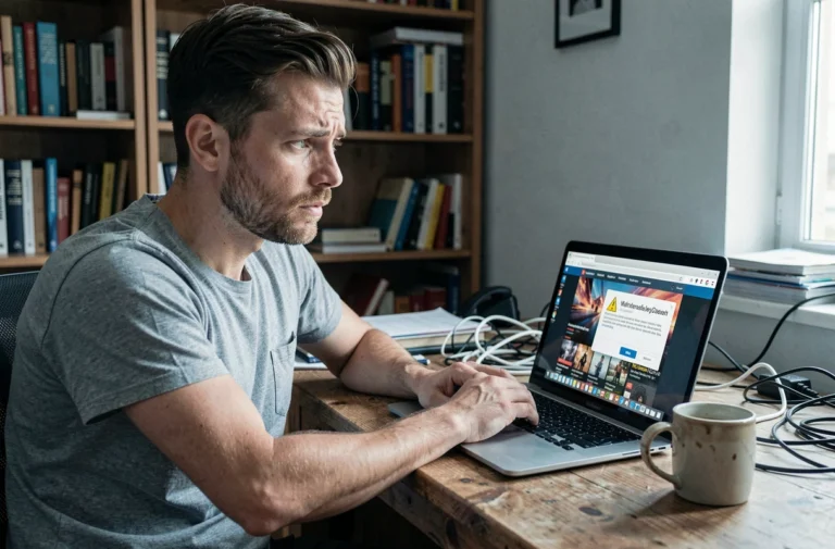 Homme inquiet devant un ordinateur portable affichant un avertissement de sécurité sur un site de streaming illégal