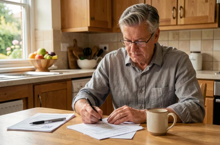 Homme mature relisant attentivement un contrat de vente immobilière à domicile