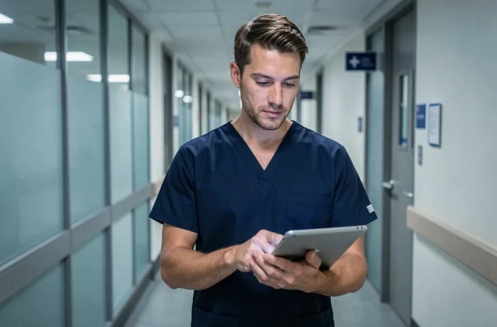 Infirmier consultant une application de santé numérique sur tablette dans un couloir hospitalier